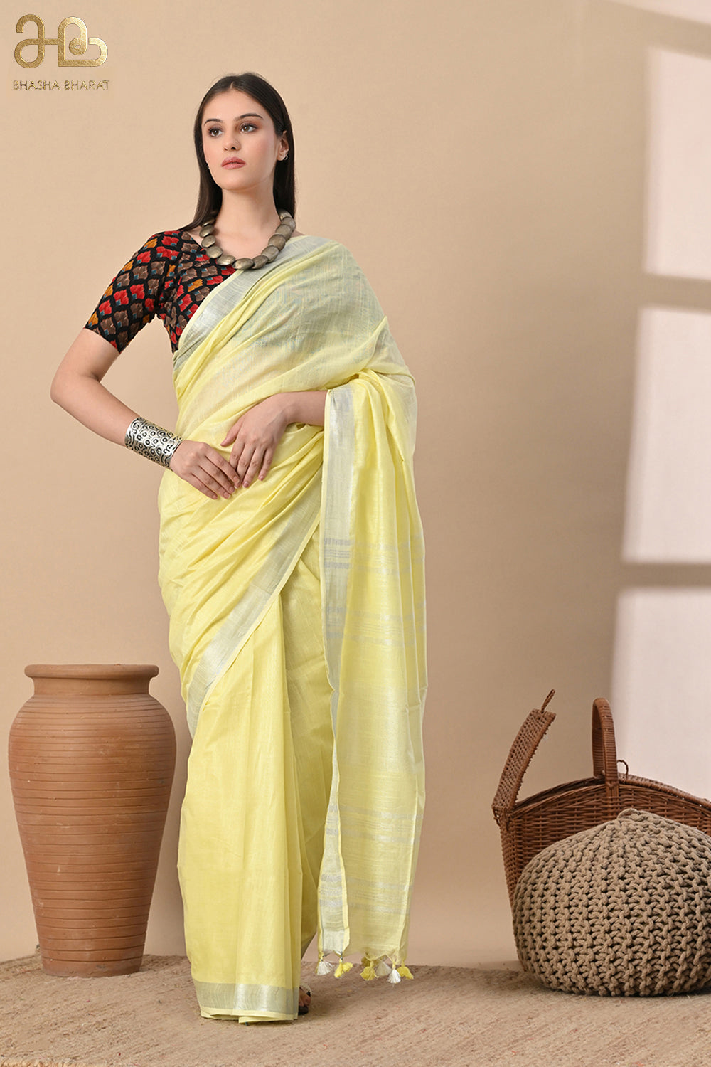 Morning Mist – Lemon Yellow Cotton Slub Saree with Soft Glow