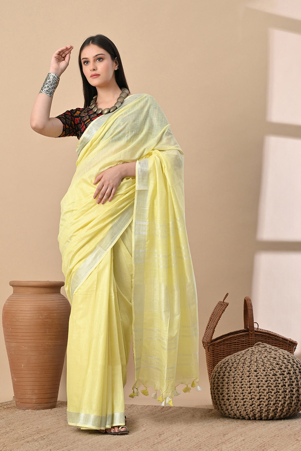 Morning Mist – Lemon Yellow Cotton Slub Saree with Soft Glow
