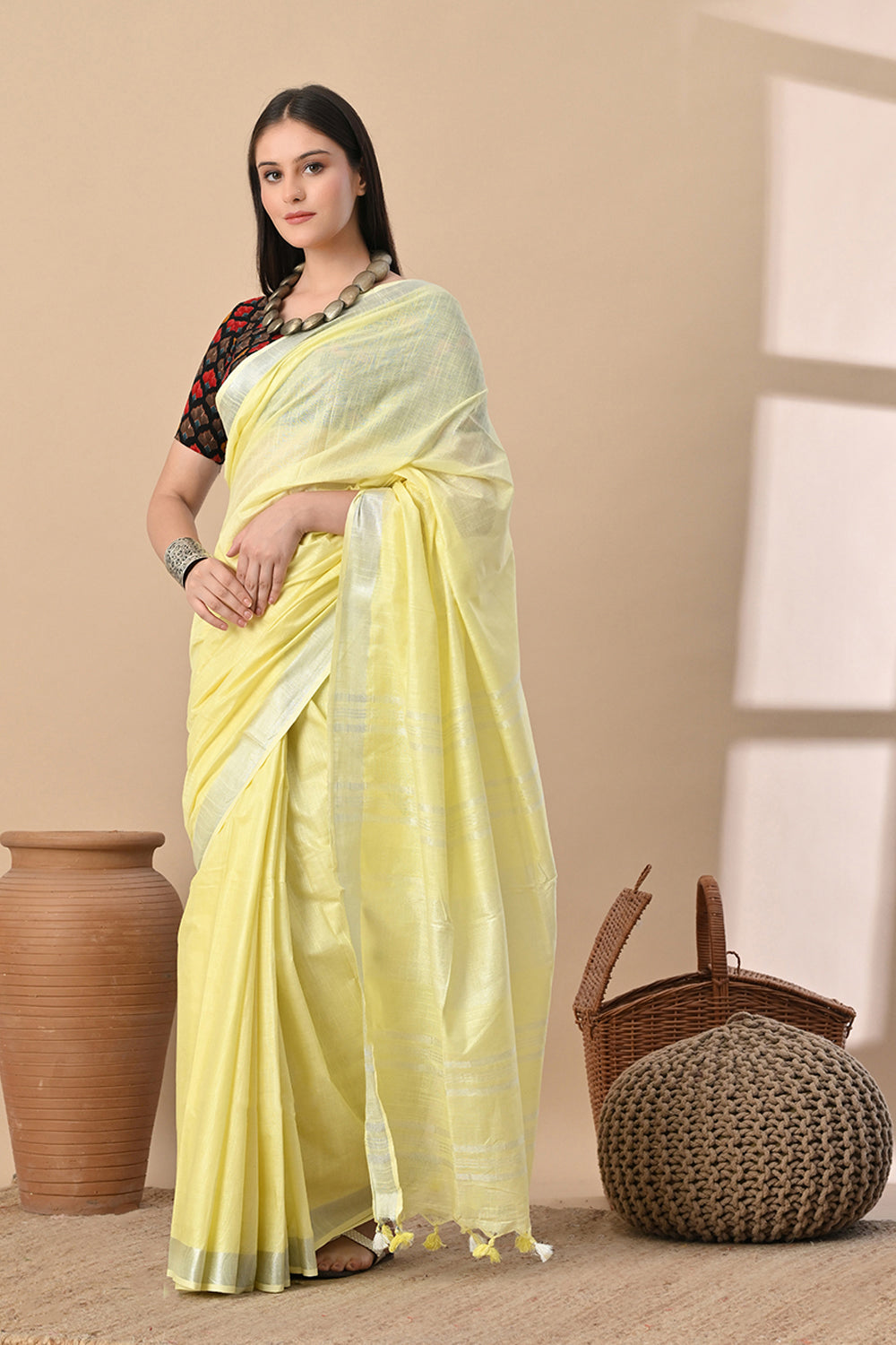 Morning Mist – Lemon Yellow Cotton Slub Saree with Soft Glow