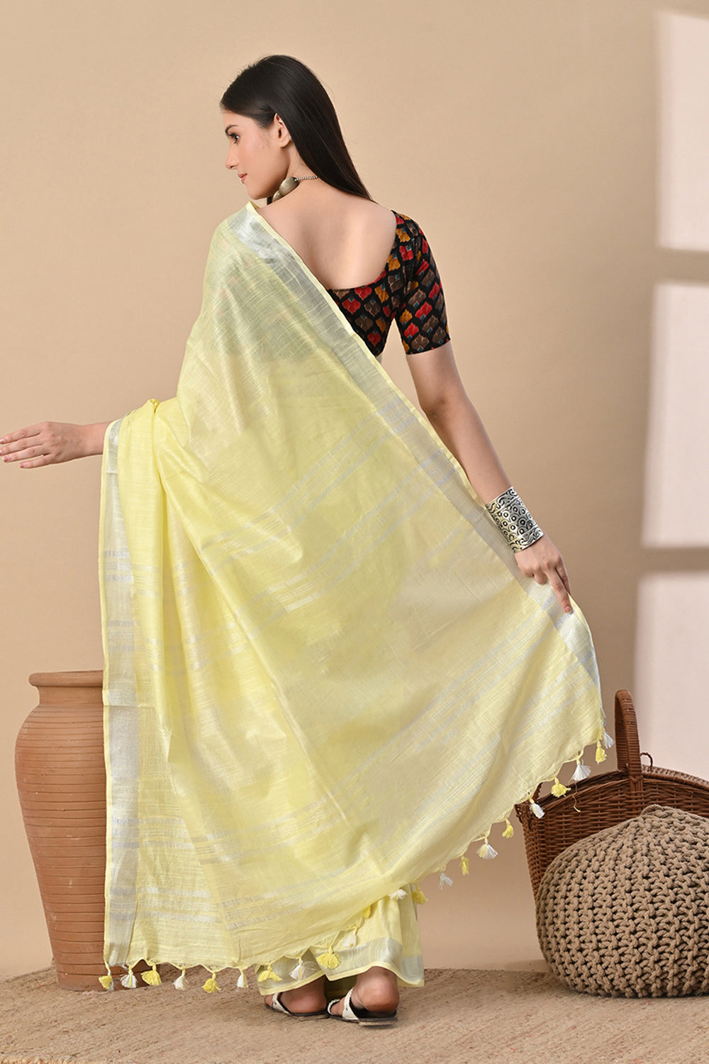 Morning Mist – Lemon Yellow Cotton Slub Saree with Soft Glow