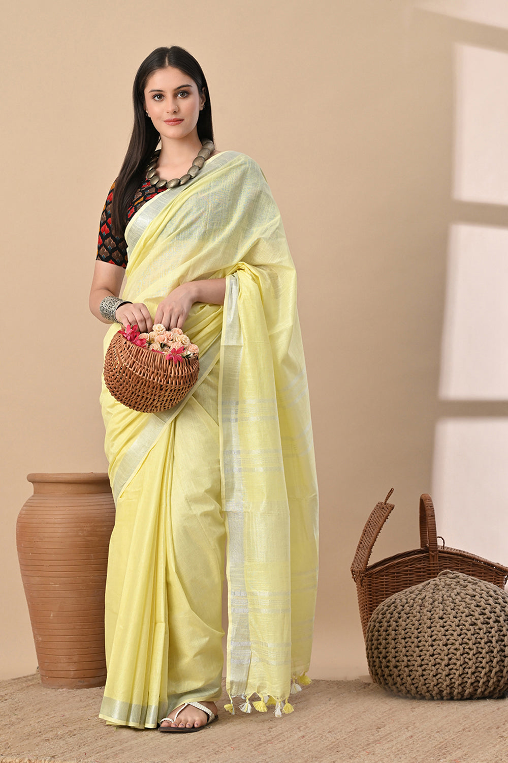 Morning Mist – Lemon Yellow Cotton Slub Saree with Soft Glow