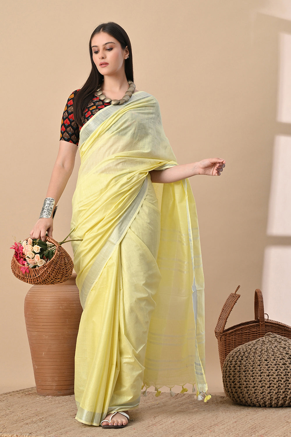 Morning Mist – Lemon Yellow Cotton Slub Saree with Soft Glow
