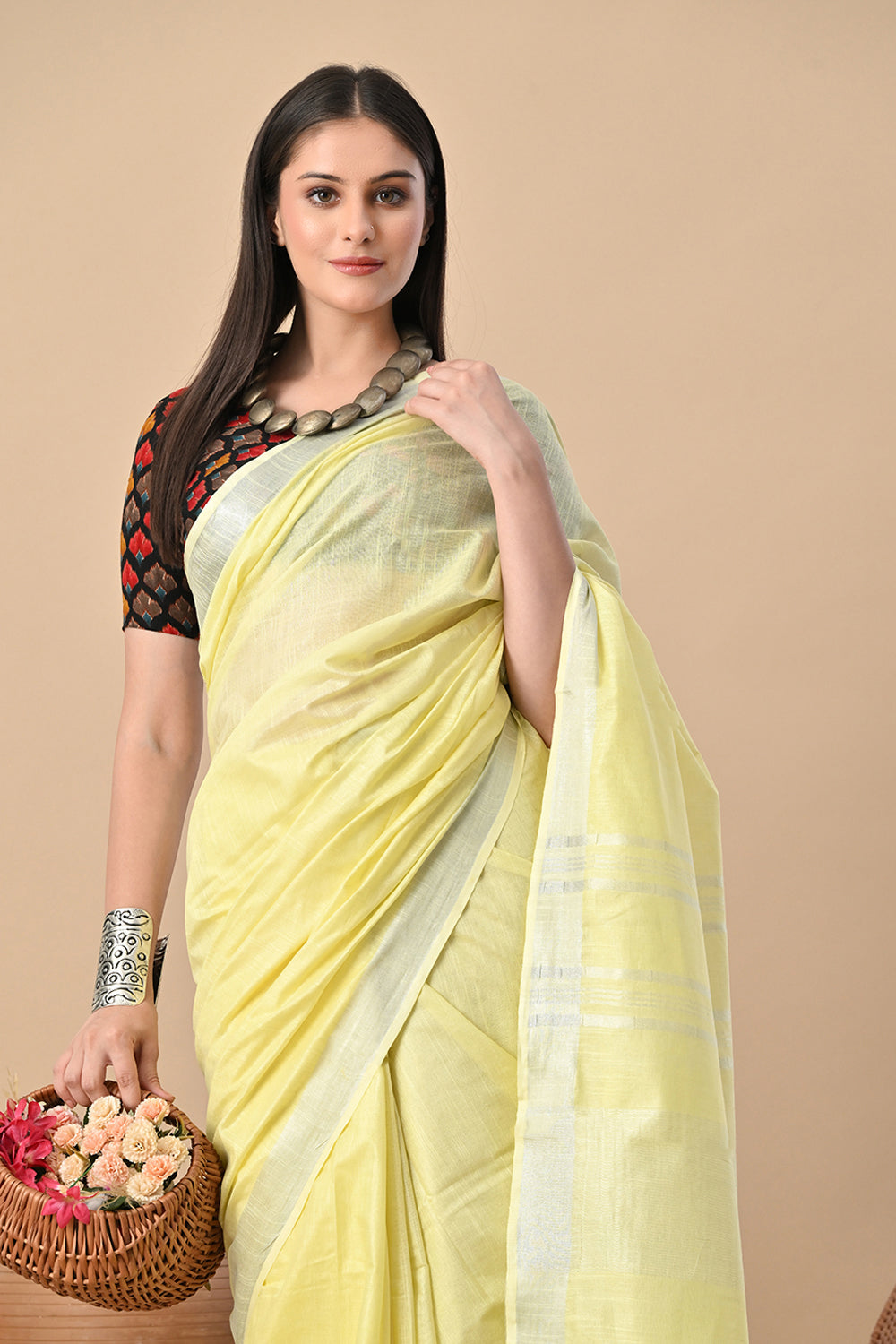 Morning Mist – Lemon Yellow Cotton Slub Saree with Soft Glow