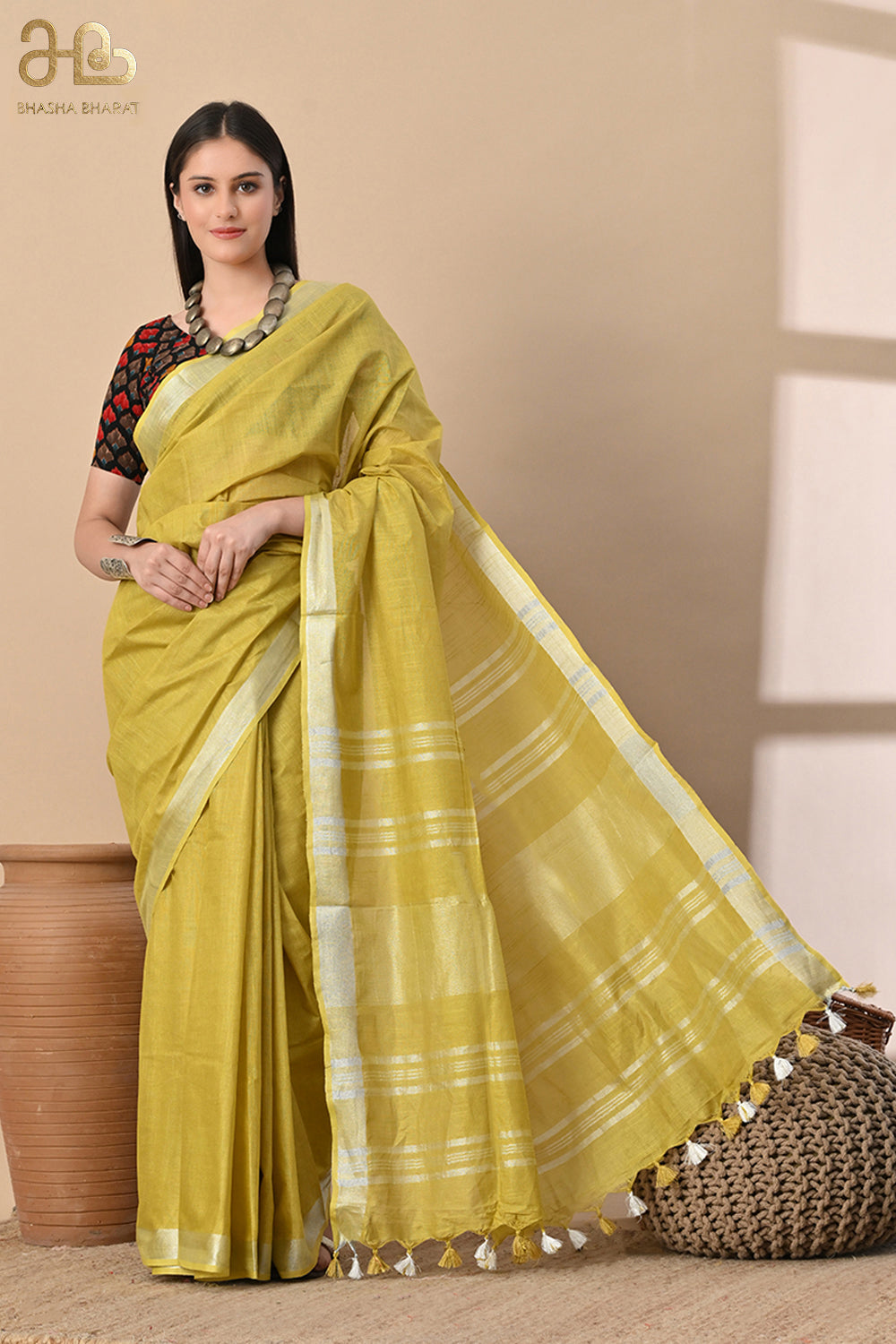 Golden Hour – Mustard Yellow Cotton Slub Saree with Handcrafted Charm
