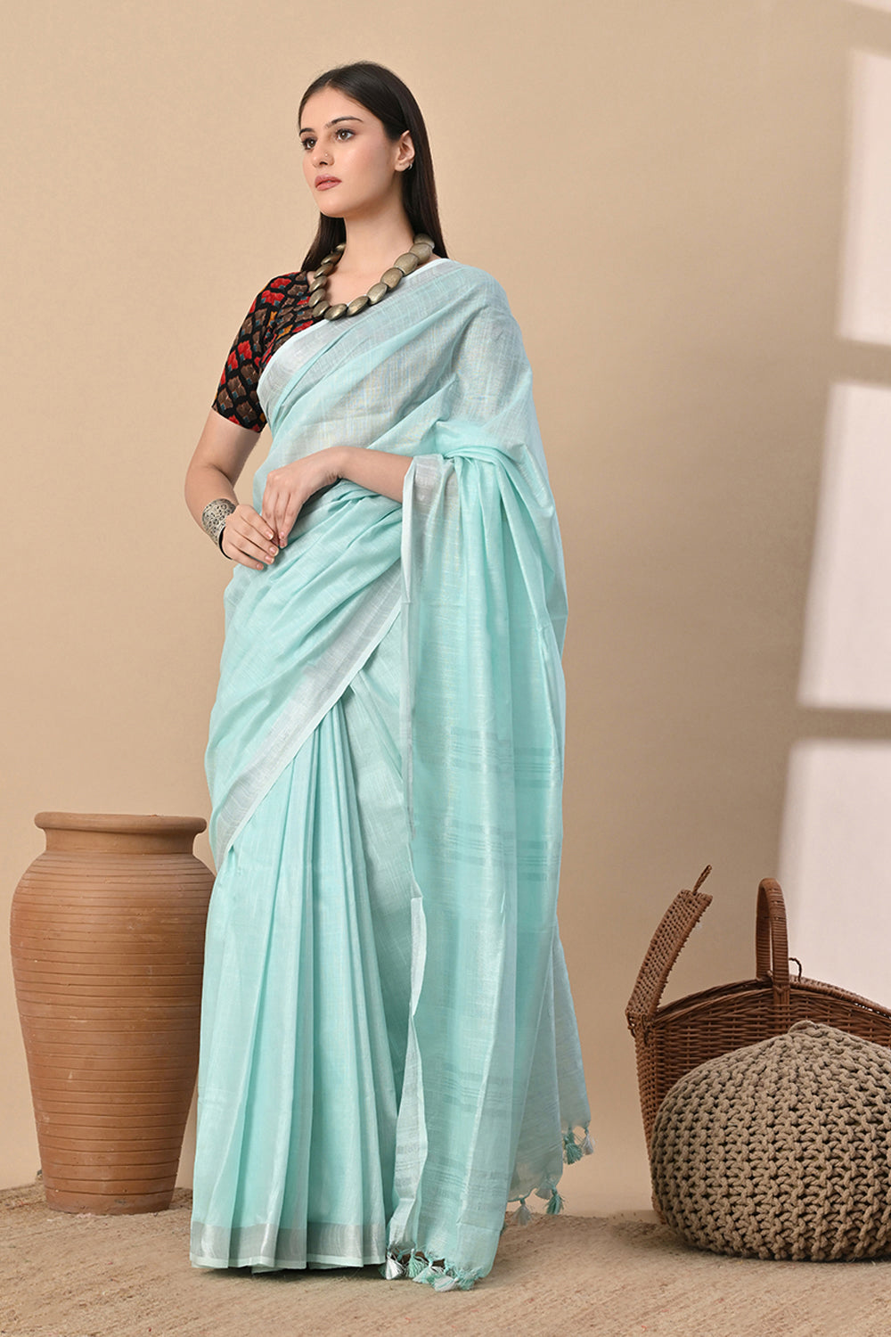Aqua Whisper – Handwoven Cotton Slub Saree in Cool Serenity