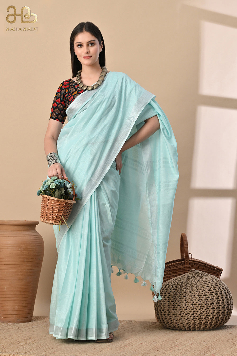 Aqua Whisper – Handwoven Cotton Slub Saree in Cool Serenity