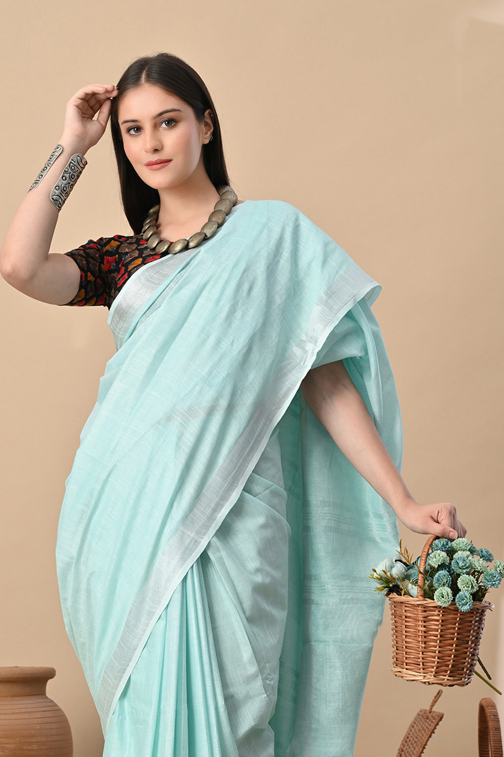 Aqua Whisper – Handwoven Cotton Slub Saree in Cool Serenity
