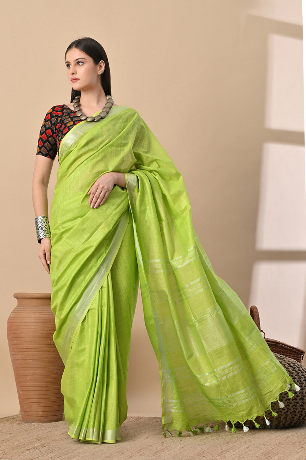 Lime Lush – Handspun Cotton Slub Saree in Breezy Green