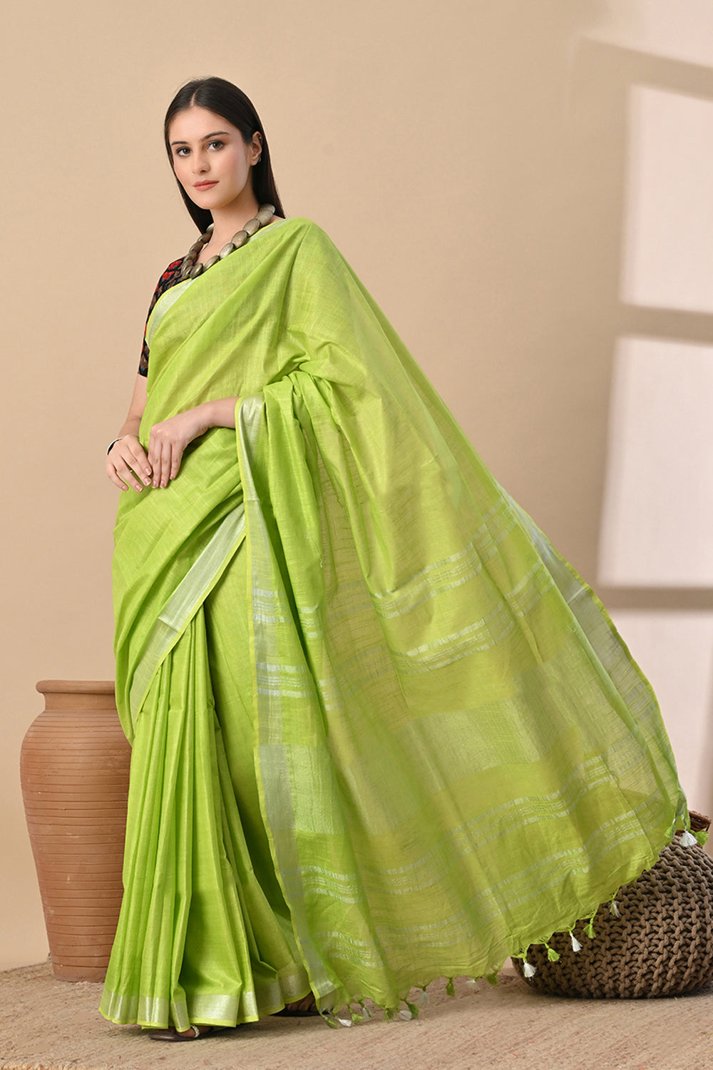 Lime Lush – Handspun Cotton Slub Saree in Breezy Green