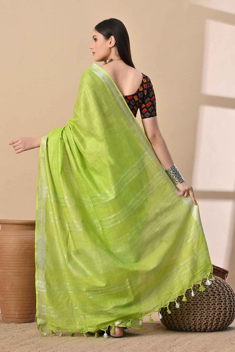 Lime Lush – Handspun Cotton Slub Saree in Breezy Green