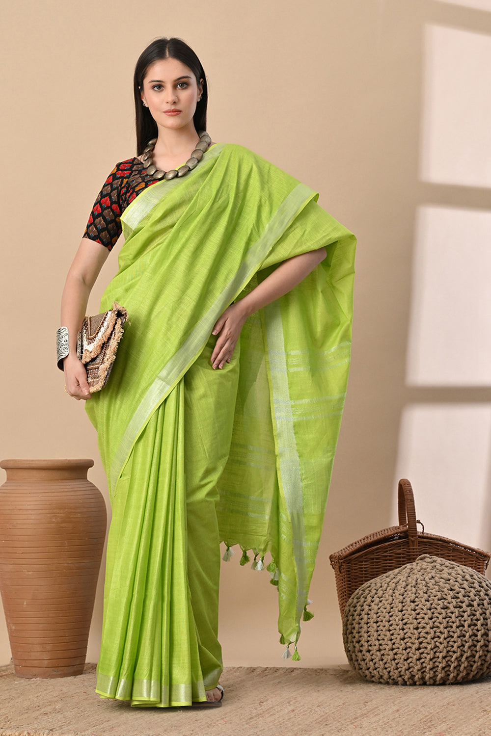 Lime Lush – Handspun Cotton Slub Saree in Breezy Green
