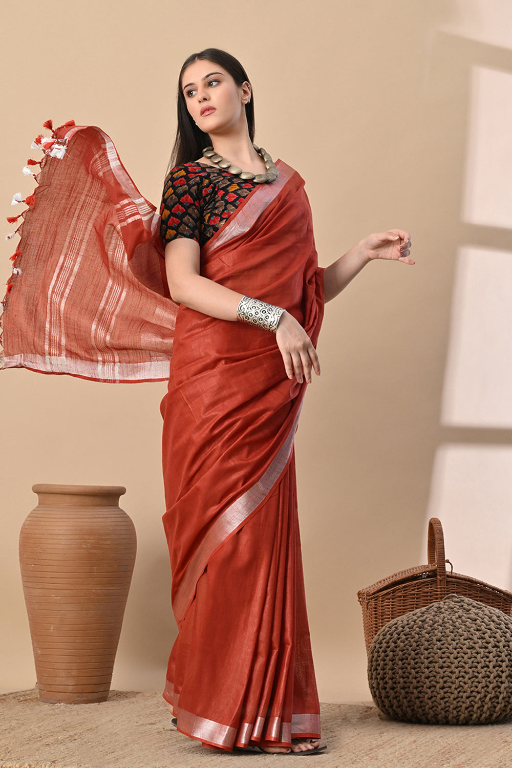 Rust Red Cotton Slub Buttery Soft Saree with Contrast Pallu.