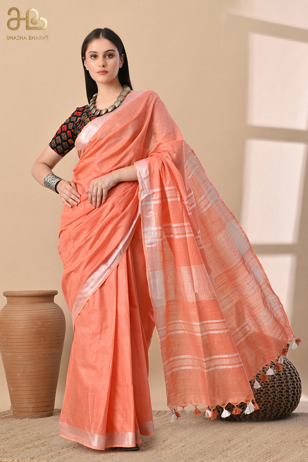 Peach Blush – Handwoven Cotton Slub Saree with Subtle Shine