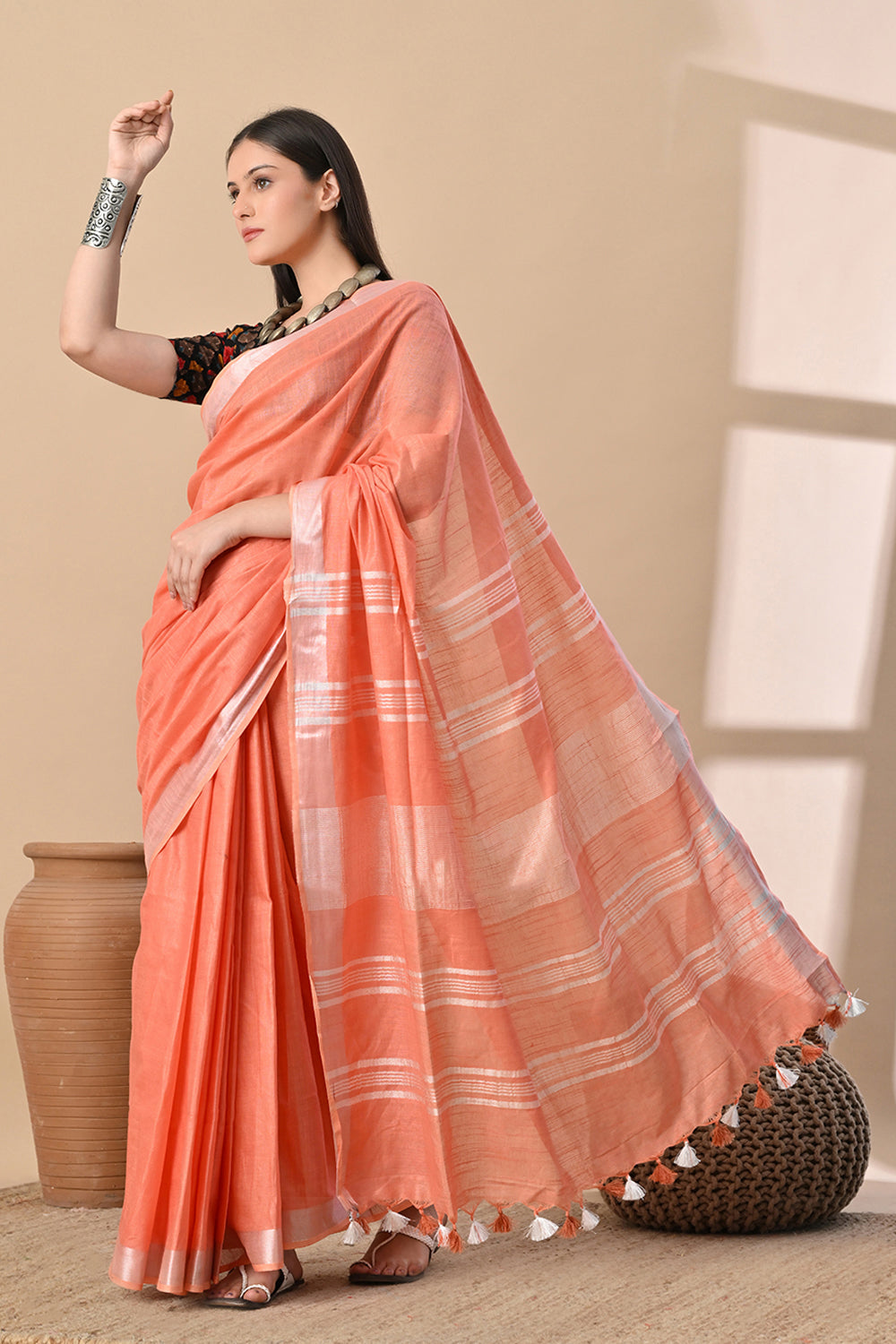 Peach Blush – Handwoven Cotton Slub Saree with Subtle Shine