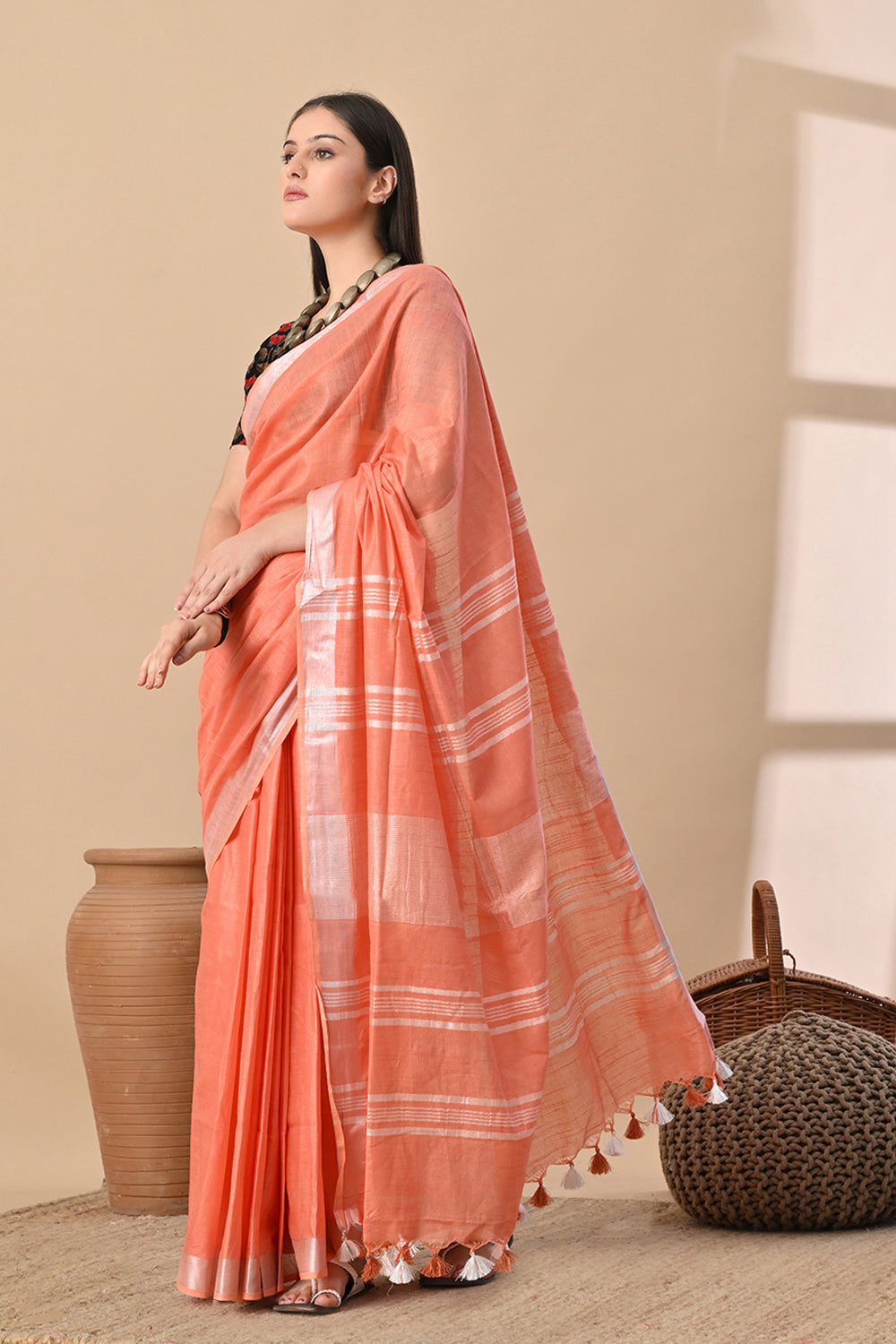 Peach Blush – Handwoven Cotton Slub Saree with Subtle Shine