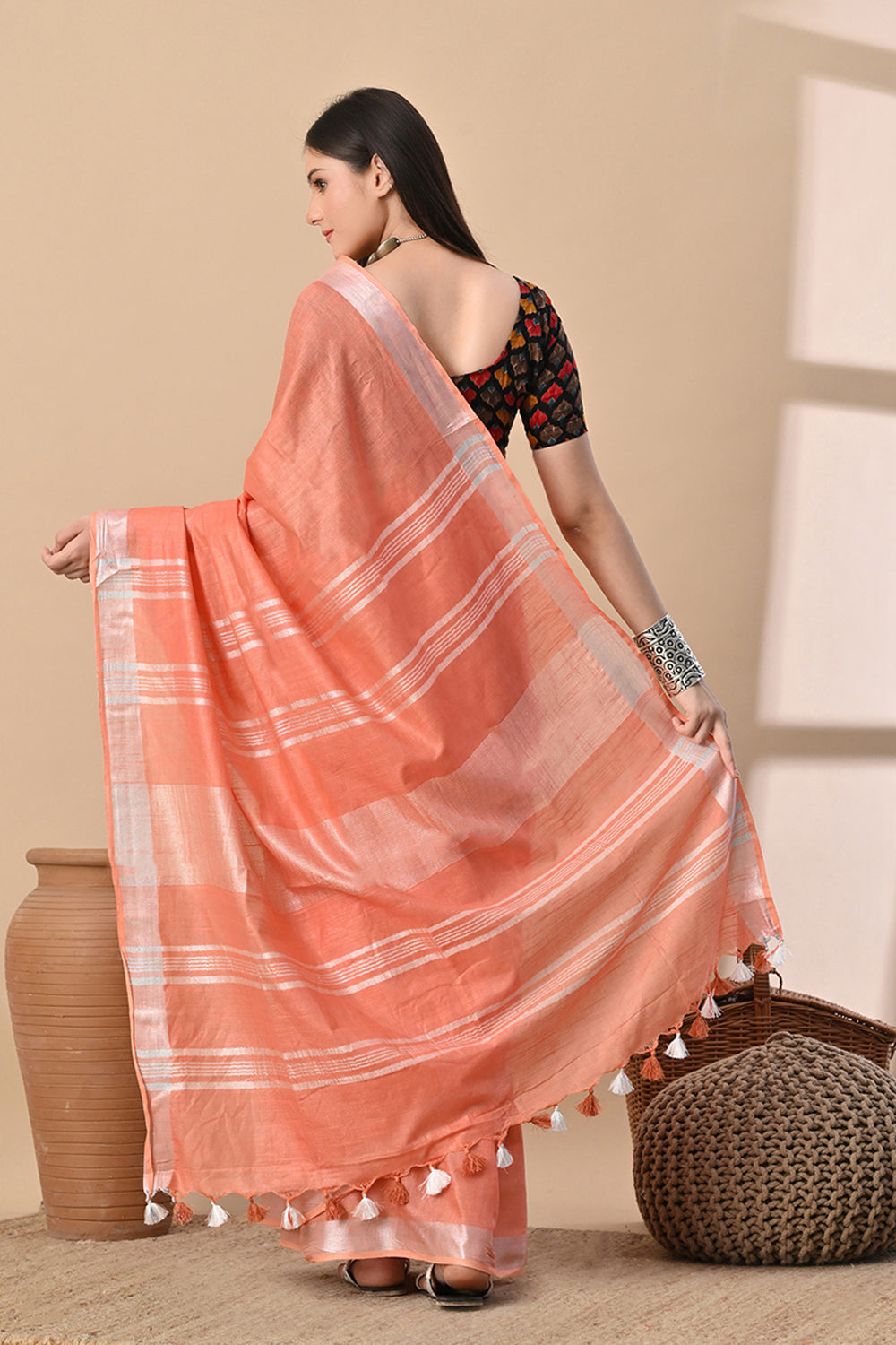 Peach Blush – Handwoven Cotton Slub Saree with Subtle Shine