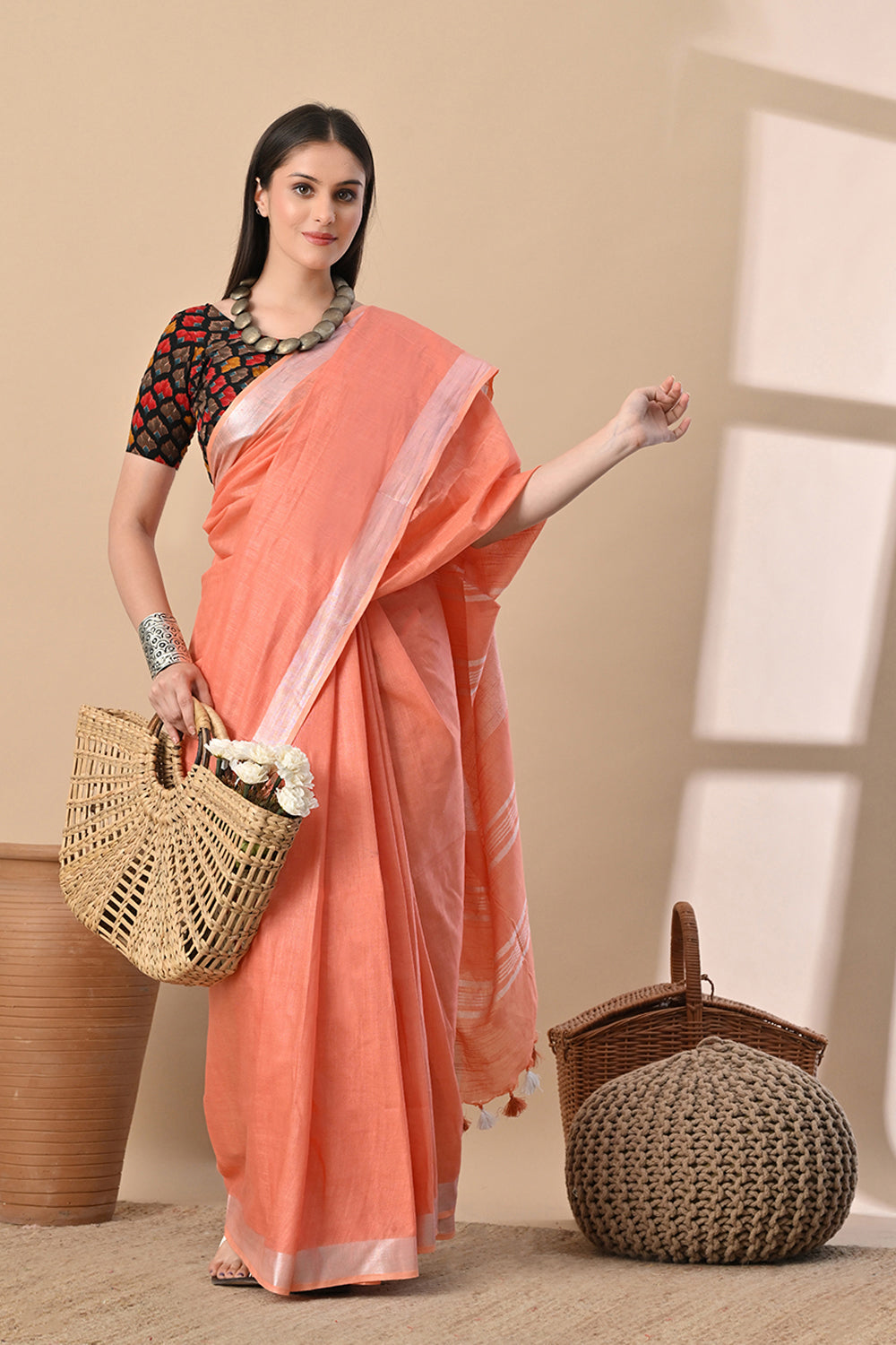 Peach Blush – Handwoven Cotton Slub Saree with Subtle Shine