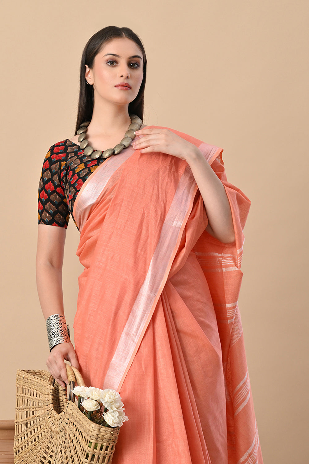 Peach Blush – Handwoven Cotton Slub Saree with Subtle Shine