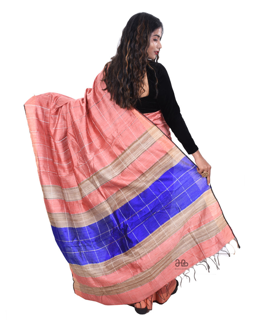 Handloom Light Pink Natural Tussar Silk Saree with stripe Border