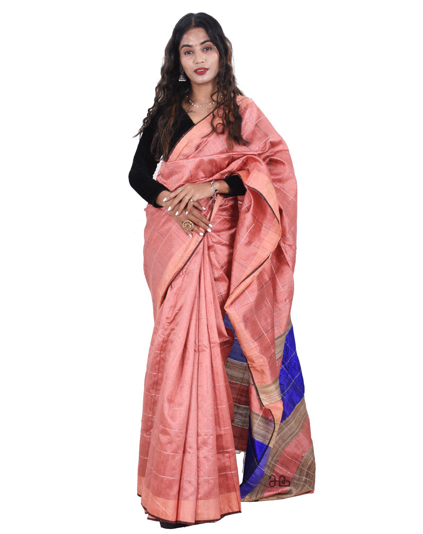 Handloom Light Pink Natural Tussar Silk Saree with stripe Border