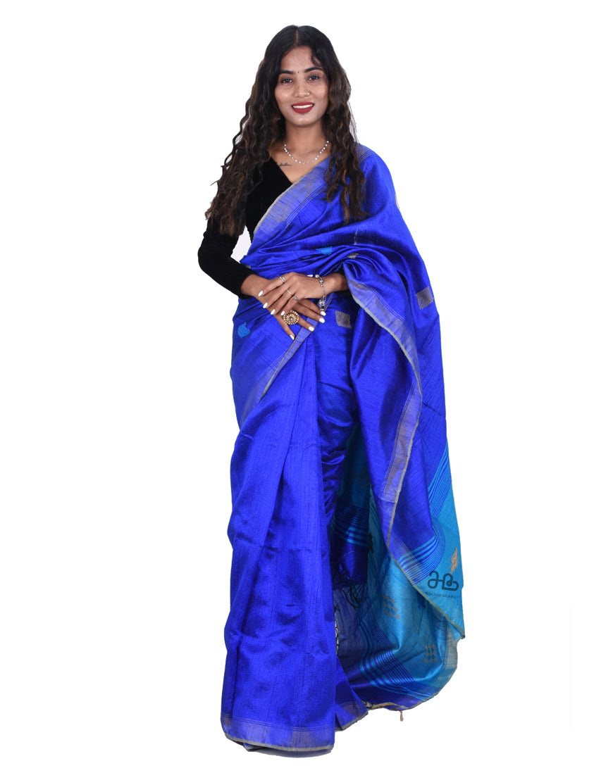 Handloom Royal Blue Natural Tussar Silk Saree with stripe Border"