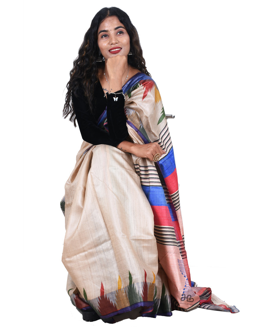 Handloom Natural Tussar Silk Saree with Stripe Pallu
