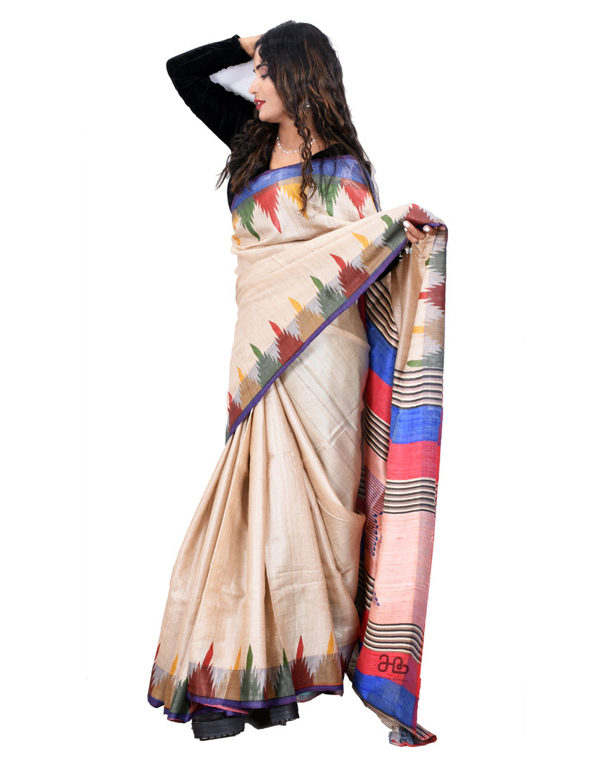 Handloom Temple Border Natural Tussar Silk Saree with stripe Border"