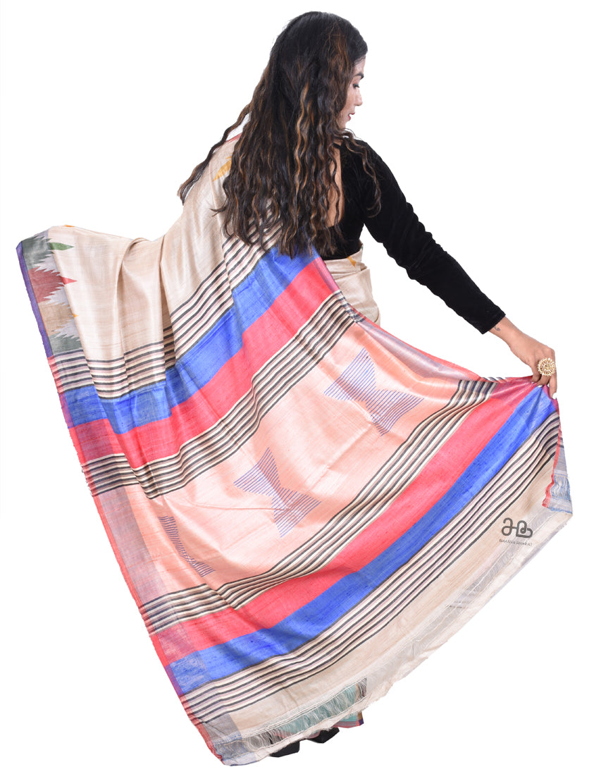 Handloom Temple Border Natural Tussar Silk Saree with stripe Border"