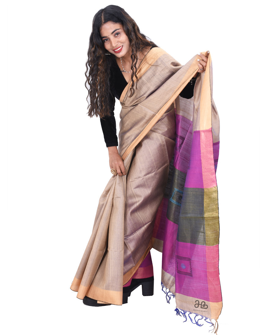 Handloom Tussar Silk Saree with stripe Purple Border"