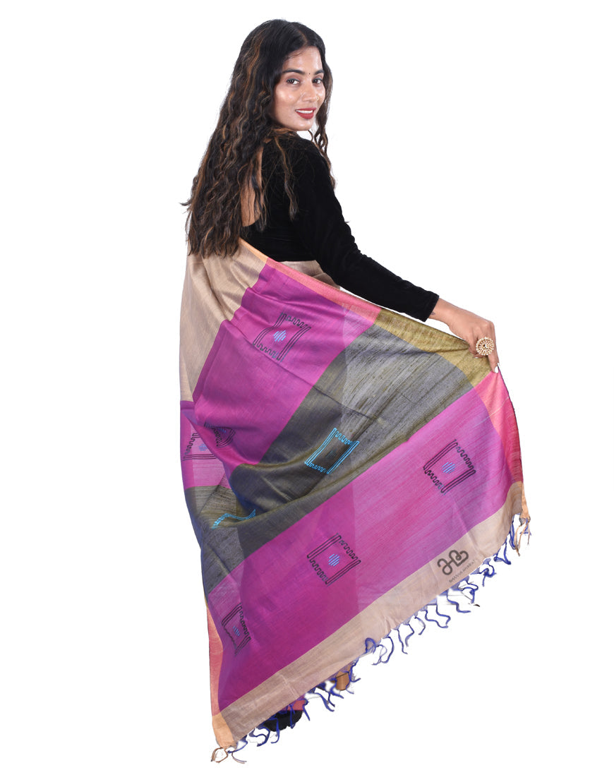 Handloom Tussar Silk Saree with stripe Purple Border"