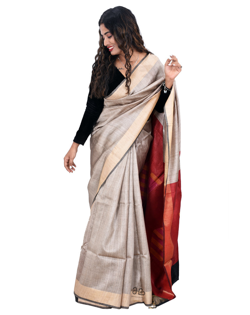 Handloom Natural Tussar Silk Saree with Red Pallu