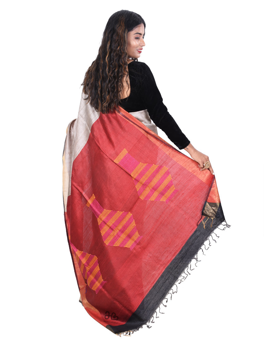 Handloom Natural Tussar Silk Saree with Red Pallu