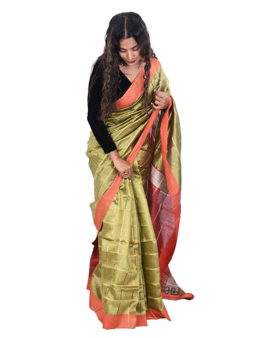 Handloom Metallic Natural Tussar Silk Saree with stripe border