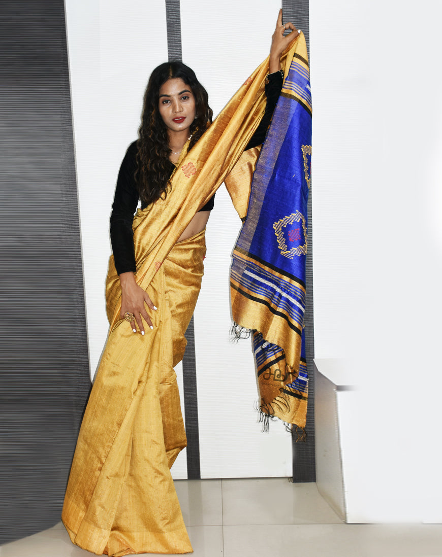 Handloom Yellow Colour Natural Tussar Silk Saree with Weaved border