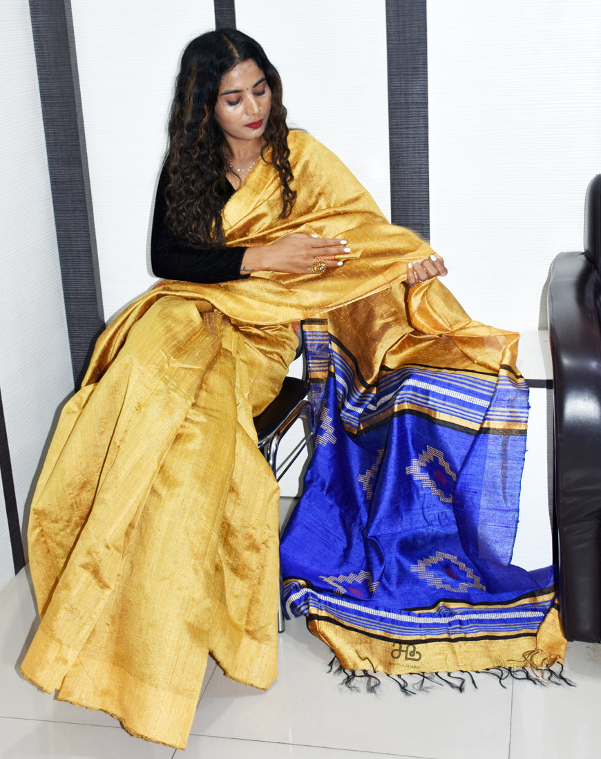 Yellow Tussar Silk Handloom Saree with Weaved border
