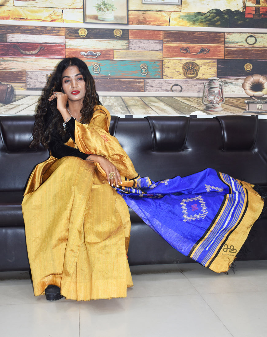 Yellow Tussar Silk Handloom Saree with Weaved border