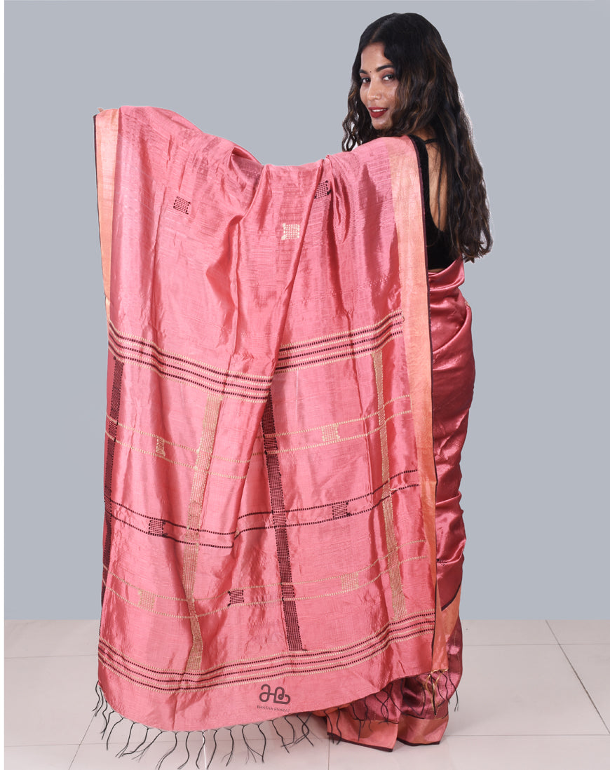 Handloom Pink  Colour Natural Tussar Silk Saree with Weaved border