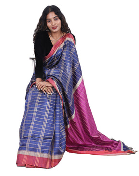 Handloom Stripe Colour Natural Tussar Silk Saree with Weaved border