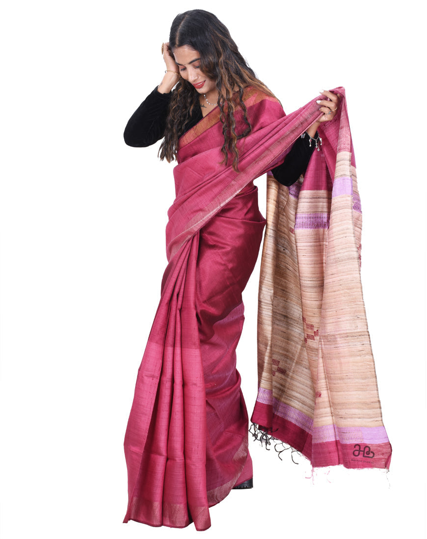 Marron Natural Tussar Silk Handloom Saree with Weaved border