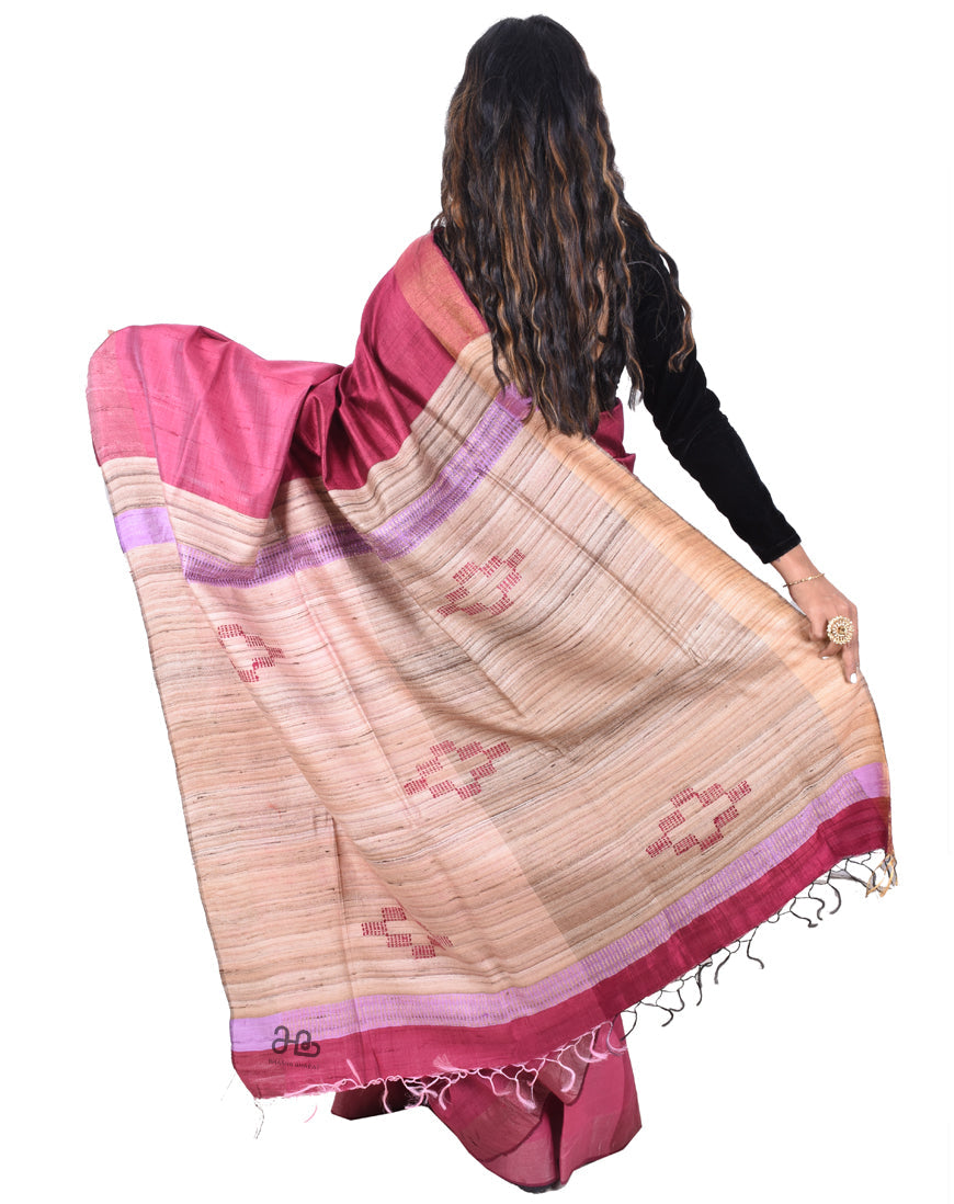 Marron Natural Tussar Silk Handloom Saree with Weaved border