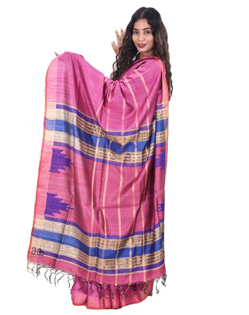 Handloom Onion Color Natural Tussar Silk Saree with Weaved border