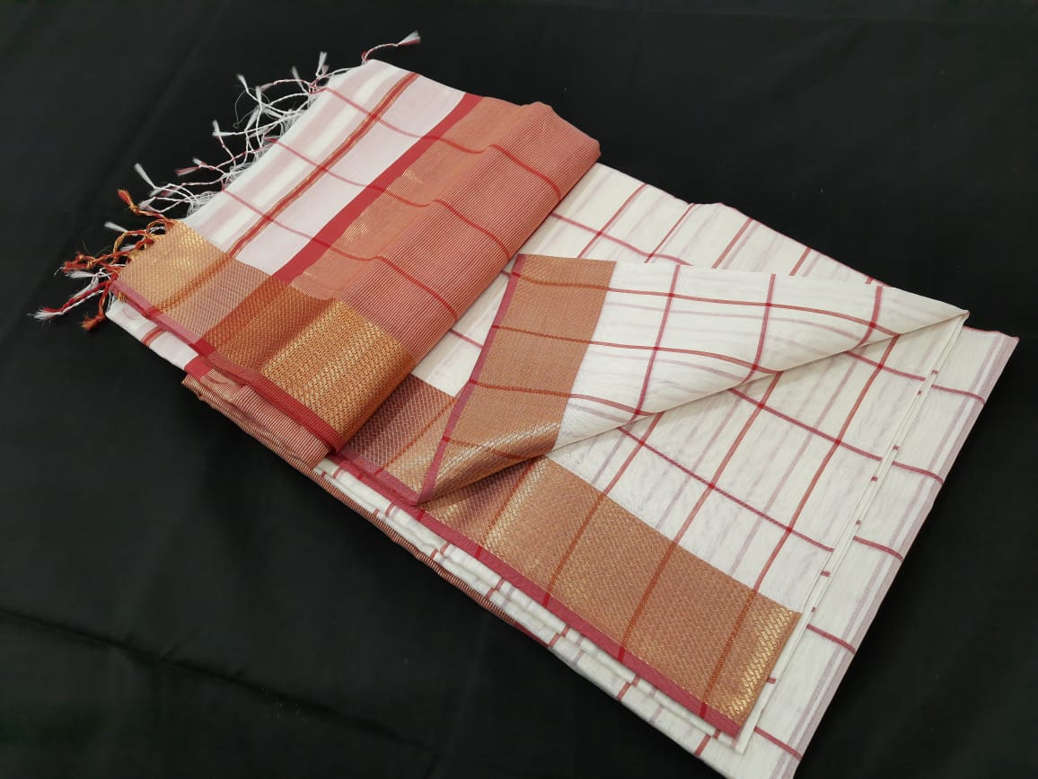 Maheshwari Cotton Saree with Red Check Pattern