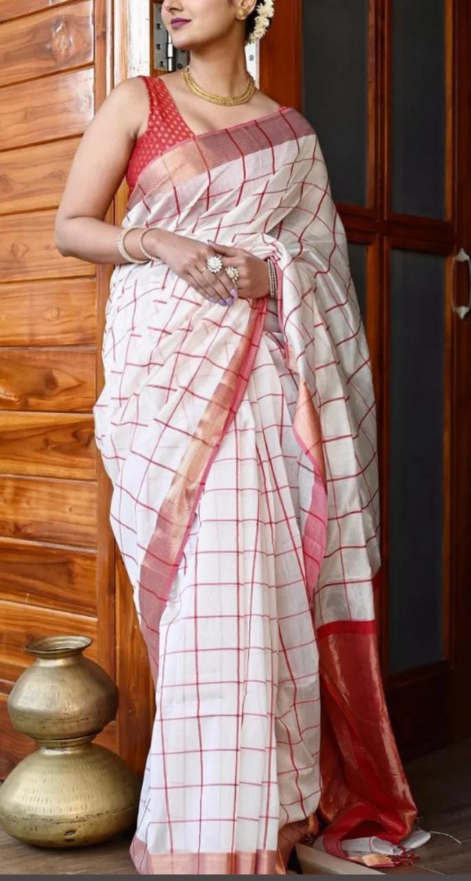 White & Red Maheshwari Handwoven Saree