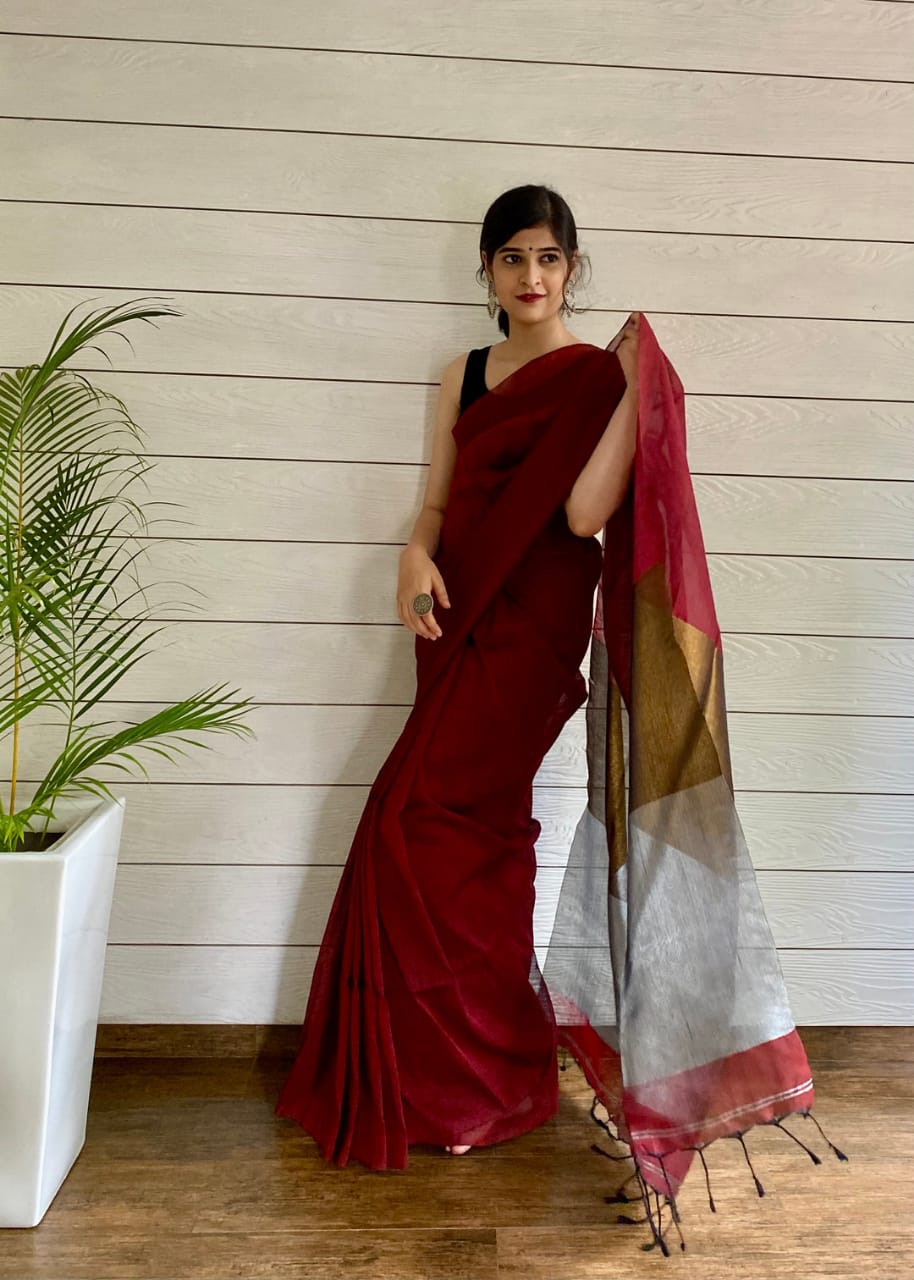 LINEN SILK MARRON COLOUR SAREE AND CONTRST BORDER