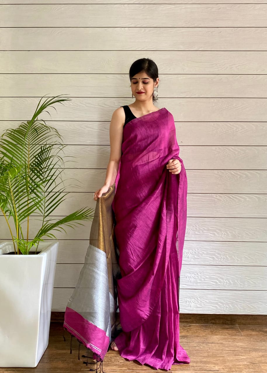 LINEN SILK MAGENTA COLOUR SAREE AND CONTRST BORDER