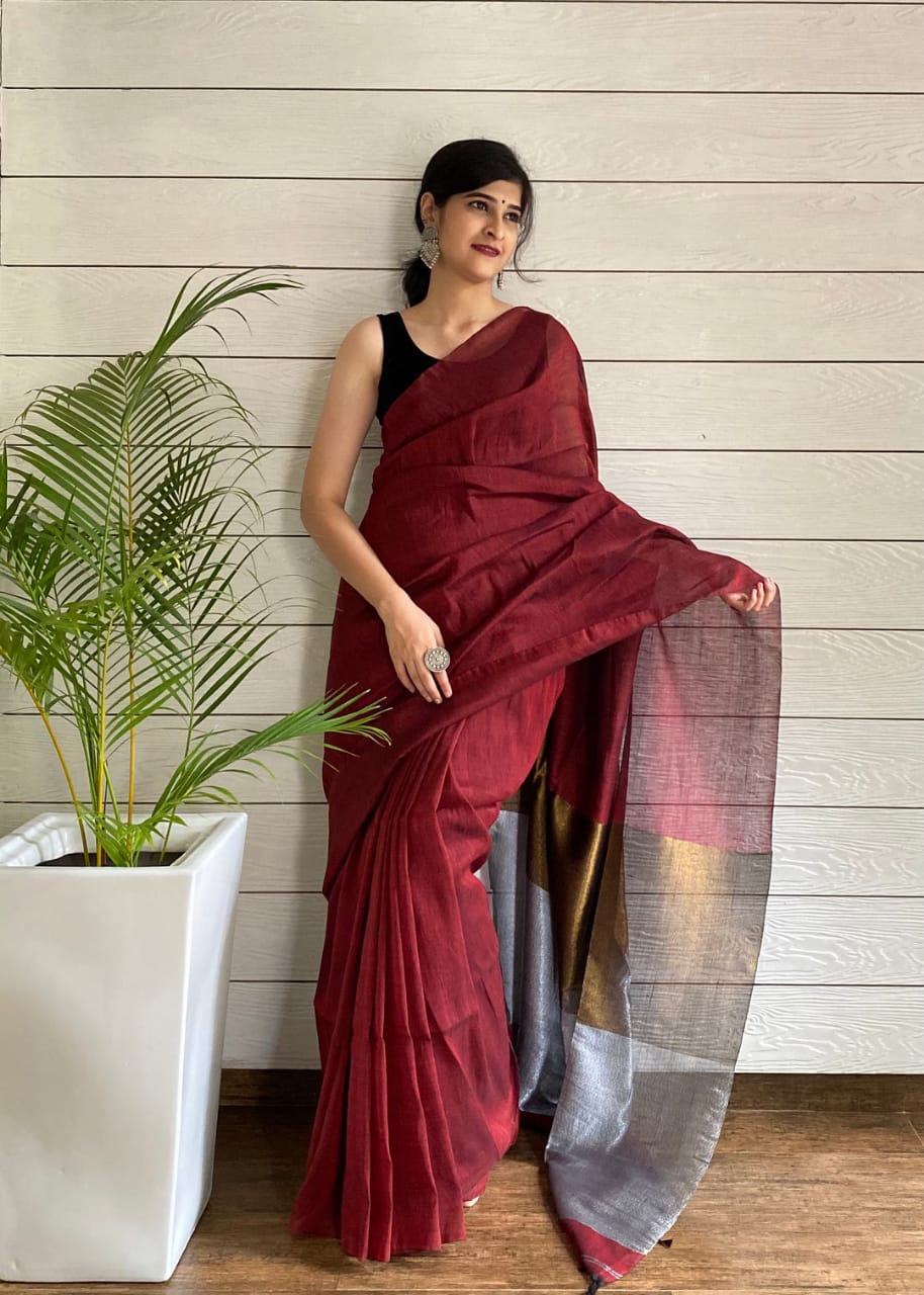 LINEN SILK MARRON COLOUR SAREE AND CONTRST BORDER