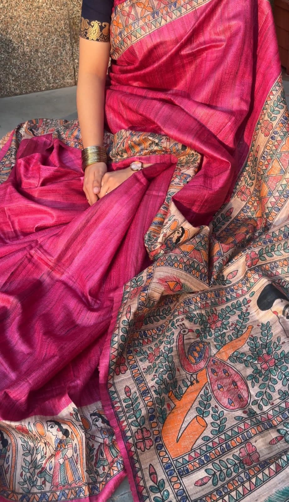 Rani Colourr Pure Tussar Giccha  Silk Madhubani Traditional Motif Handpainted Saree