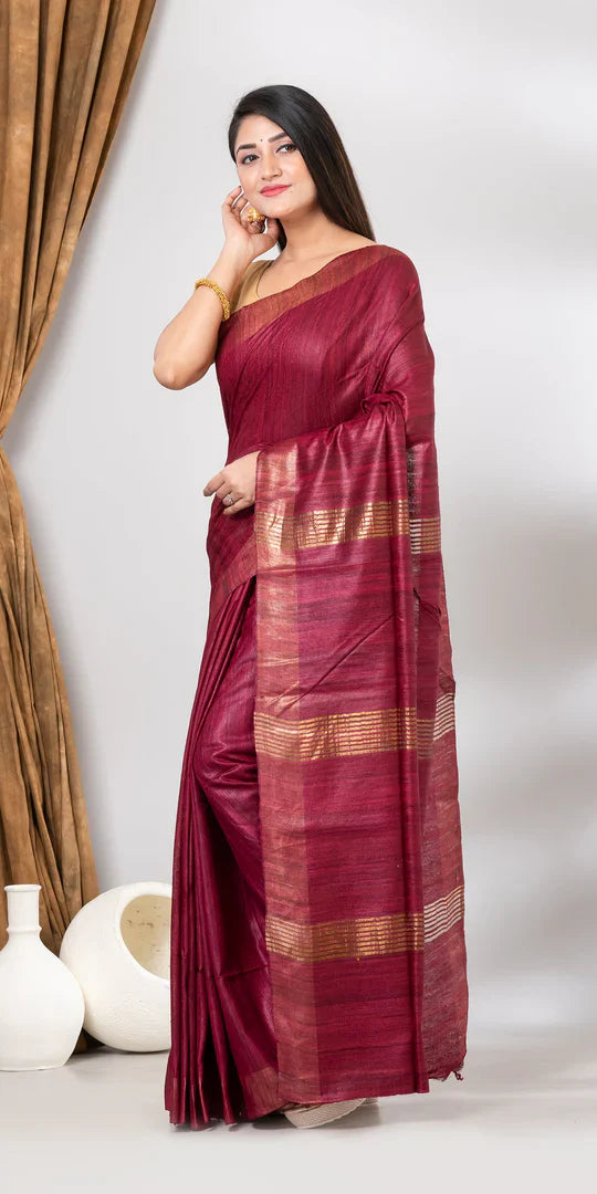 MARRON COLOUR JARI PALLU TUSSAR GICCHA SILK SAREE