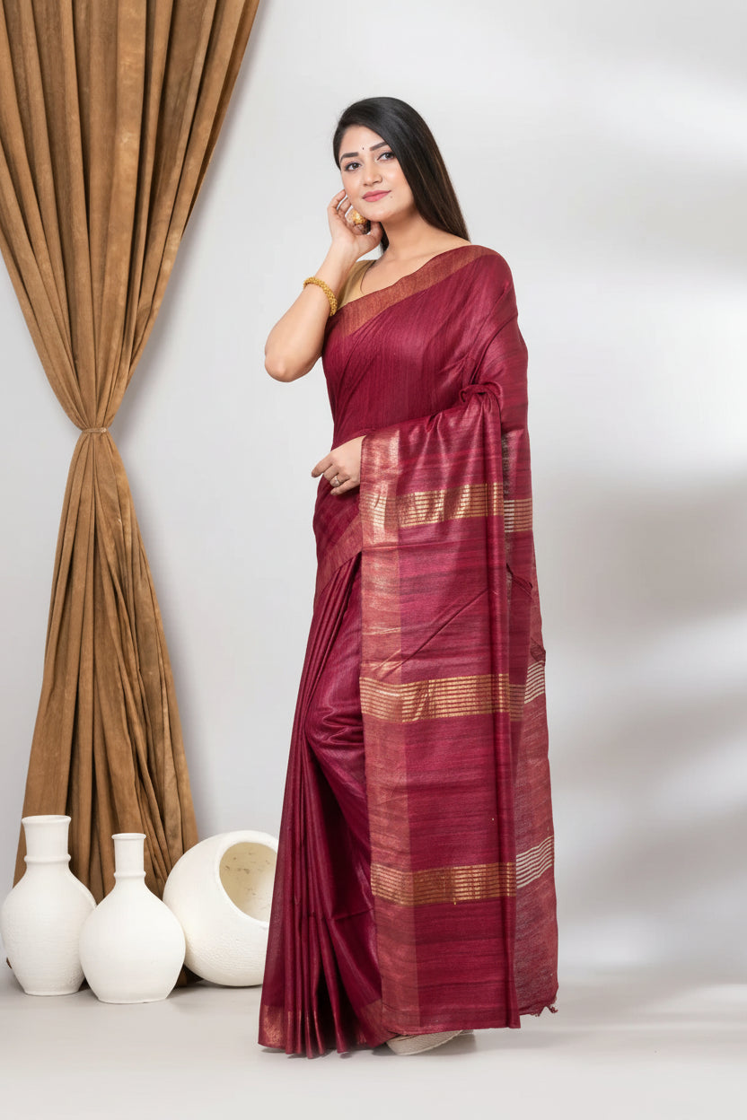MARRON COLOUR JARI PALLU TUSSAR GICCHA SILK SAREE