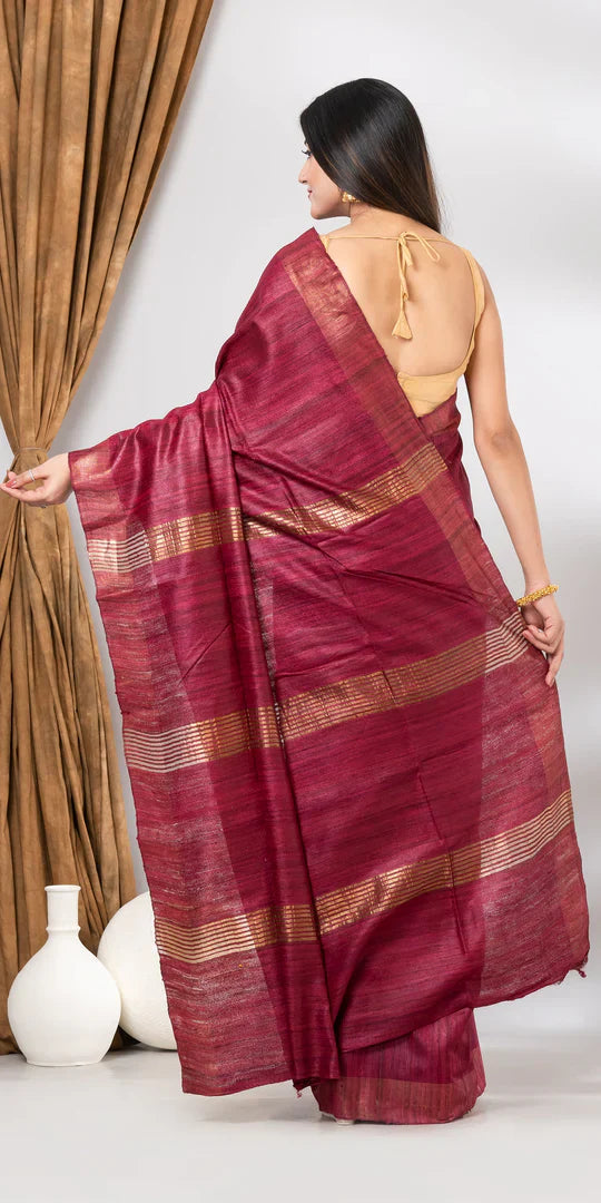 MARRON COLOUR JARI PALLU TUSSAR GICCHA SILK SAREE